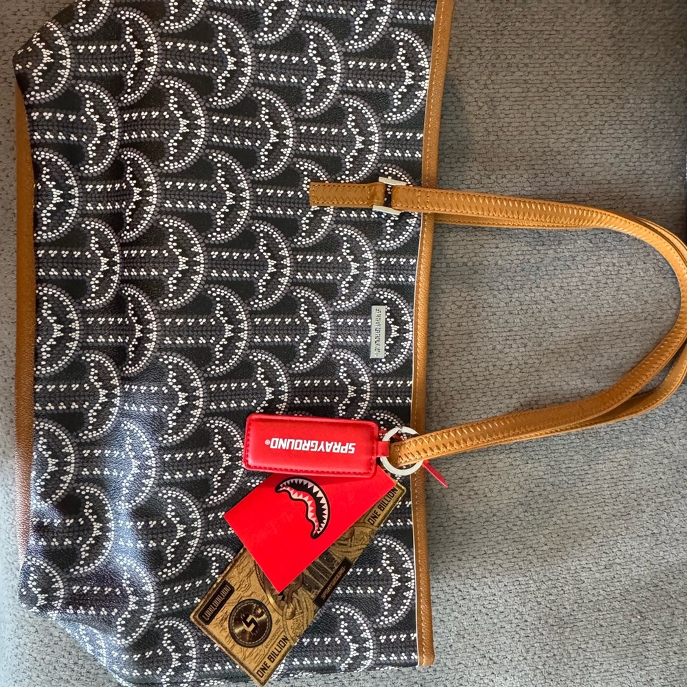 Sprayground Black and Tan Tote with Geometric Design